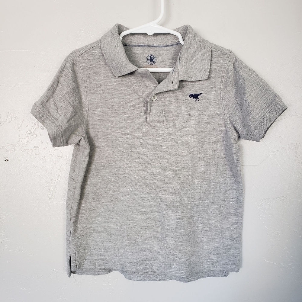 JK Boys 5 Grey Short Sleeve Polo Shirt T-shirt Navy Blue Dinosaur Top